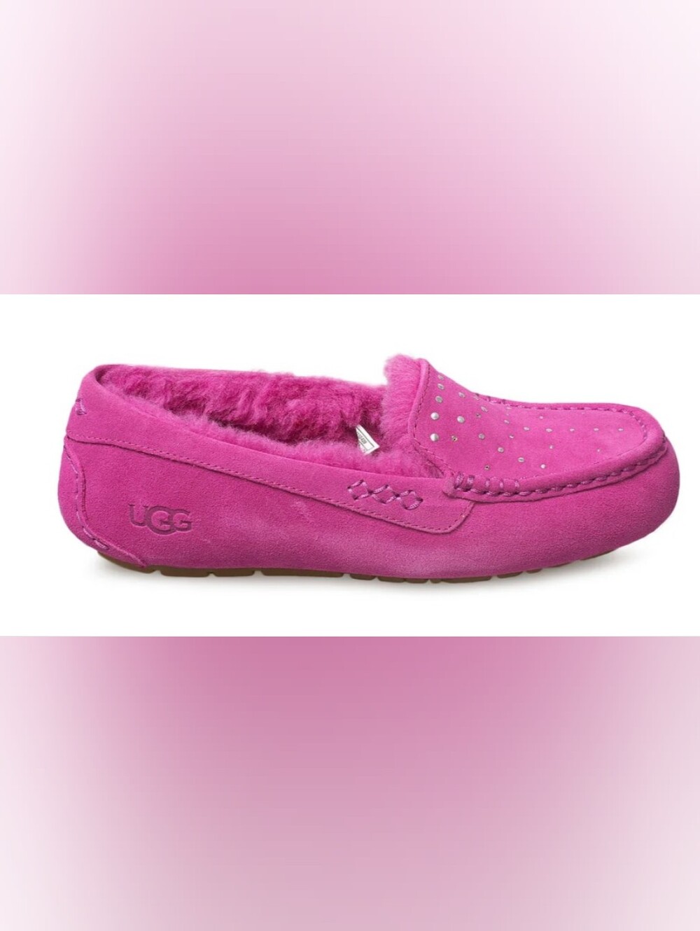 UGG Ansley Studded Fuchsia Suede Fuzzy Lined Moccasin Slippers Size 9 Used Exc